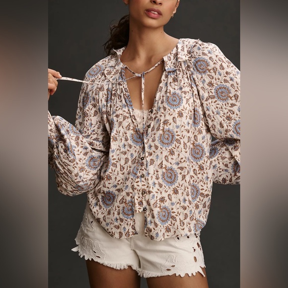 Anthropologie Tops - By Anthropologie Button-Front Peasant Blouse Cream Brown and Blue Small